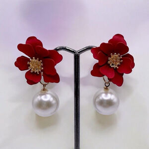Lovely Large Red Flower & Simulated Faux Pearl Party Earrings. UNIQUE & CUTE!